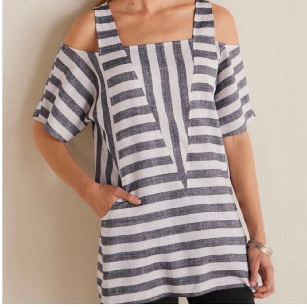 NWT Soft Surroundings Grey Black & Cream Sunset Park Tunic Linen Blend Top
